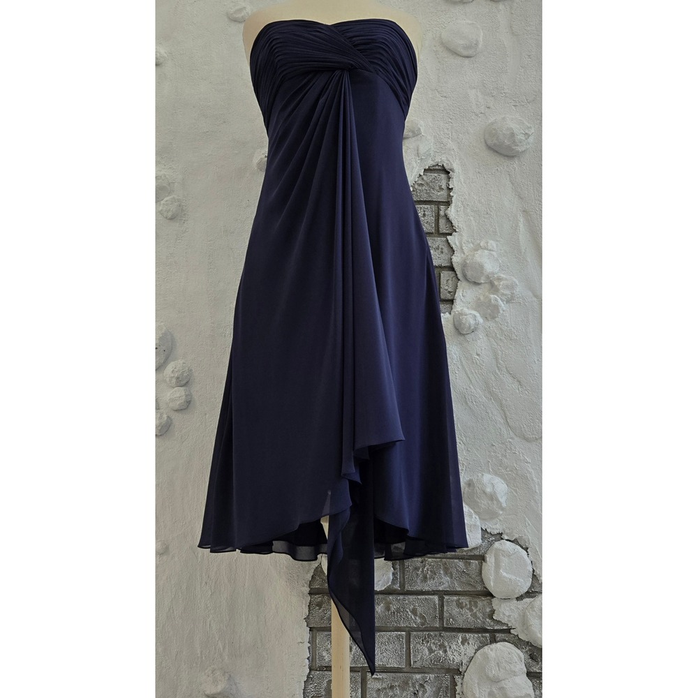 David's Bridal Women Navy Blue Strapless Ruched Chiffon Handkerchief Hem Size 10